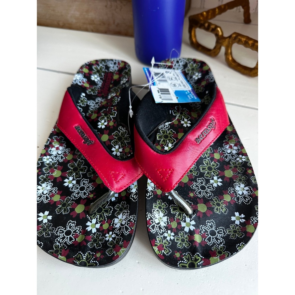 Aerosoft LA0815 Womens Red Floral Thong Sandals Flip Flops Size 8 NEW